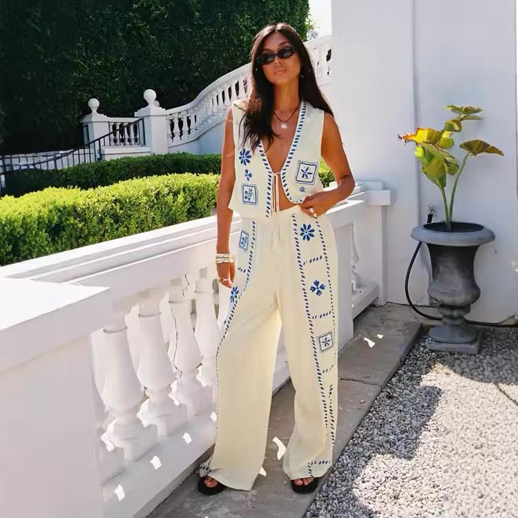 Cotton Embroidered Vest & Wide-Leg Pant Set
