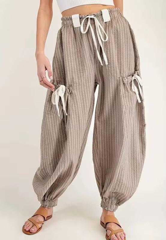 Cotton Brown Stripe Drawstring Cargo Jogger Pants
