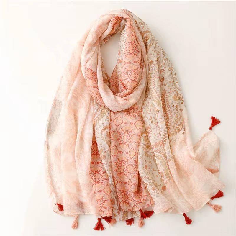 Indian Cotton &amp; Linen Floral Tassel Scarf
