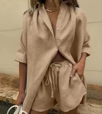 Relaxed cotton–linen two-piece set featuring a breezy button