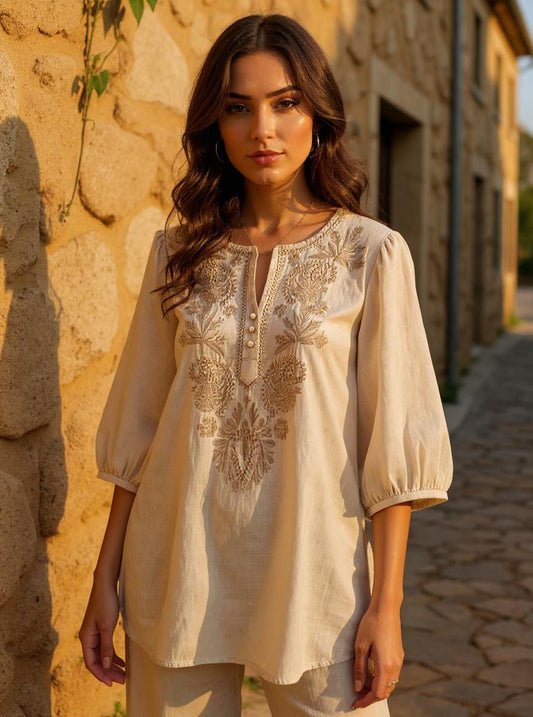 Premium 100% Cotton–Linen Embroidered Blouse
