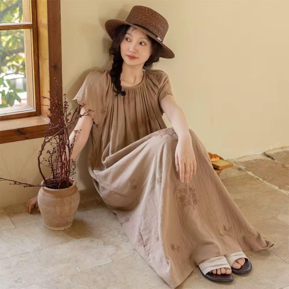 Embroidered Pure Cotton Gauze Dress