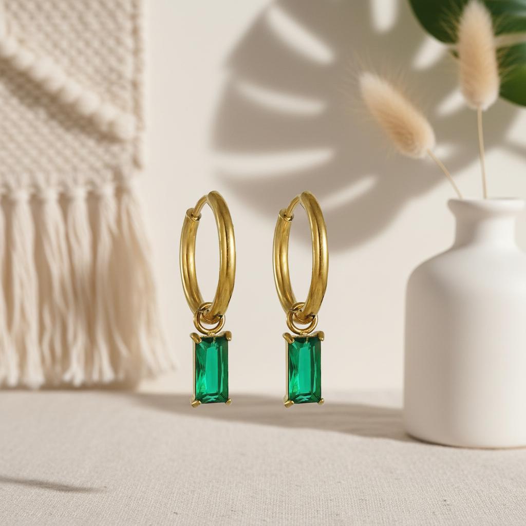Gold-Plated Green CZ Huggie Earrings