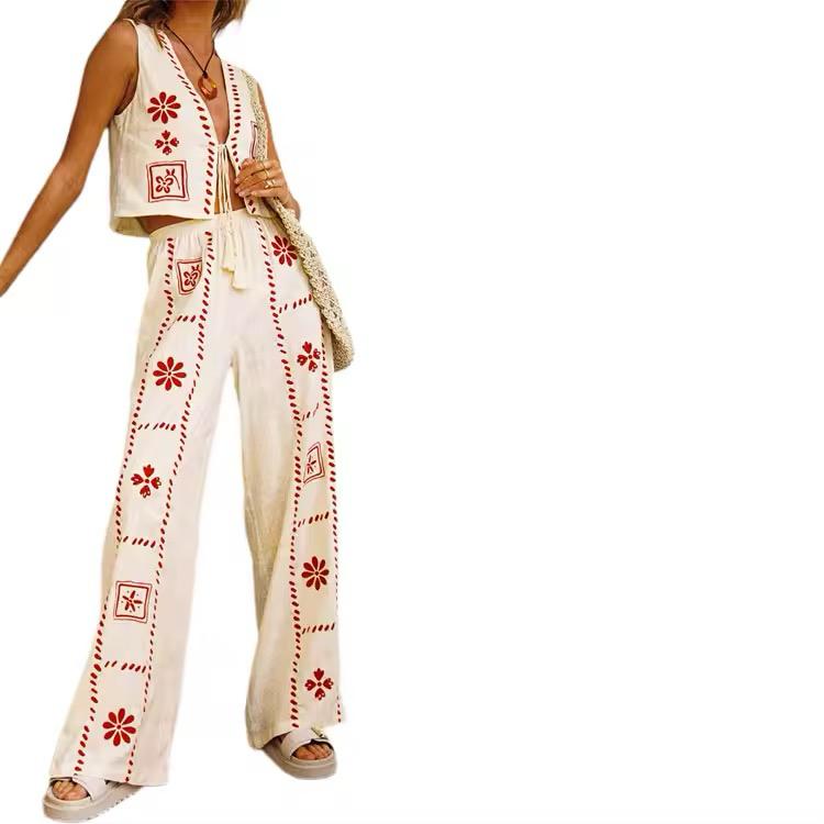 Cotton Embroidered Vest & Wide-Leg Pant Set