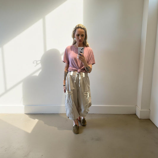 Cotton Brown Stripe Drawstring Cargo Jogger Pants