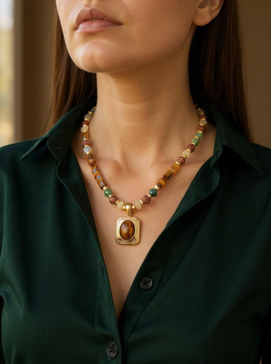 18K Real Gold Plated Turquoise & Amber Necklace